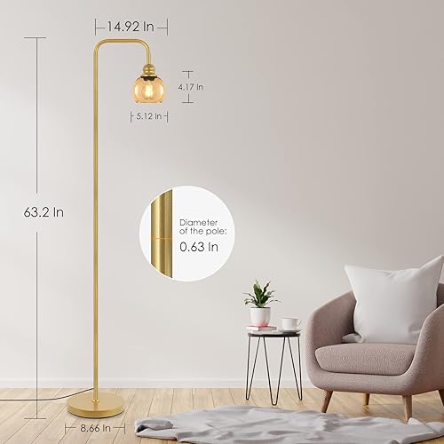 Miniatura 8 de Lámpara de pie moderna para sala de estar con bombilla LED de 6 W, lámpara de pie industrial, vidrio ámbar, lámpara alta de lectura clásica para