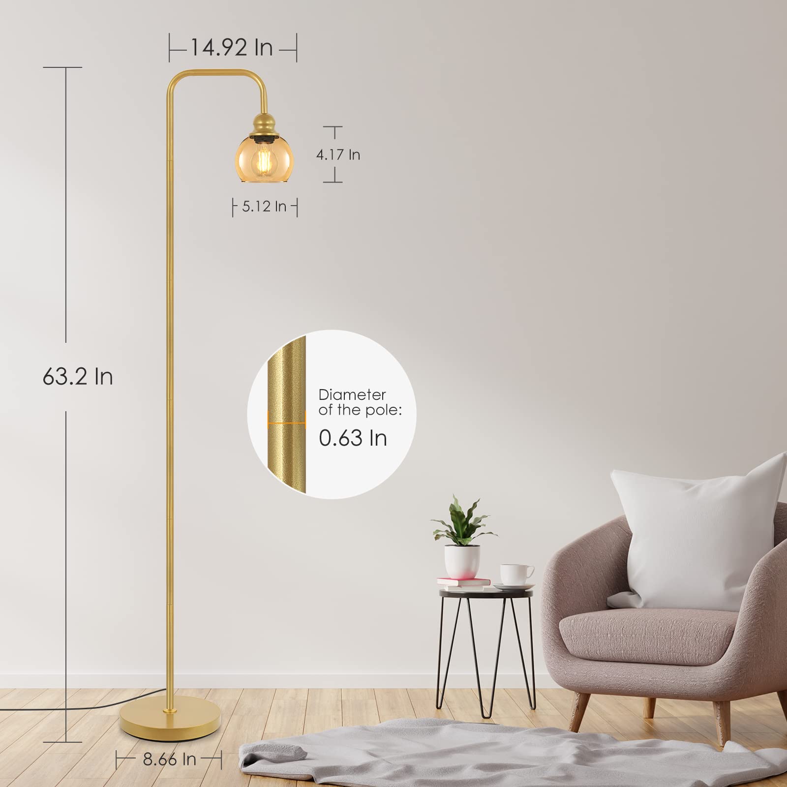 Lámpara de pie moderna para sala de estar con bombilla LED de 6 W, lámpara de pie industrial, vidrio ámbar, lámpara alta de lectura clásica para oficina en casa, lámpara de pie para estudio, 8