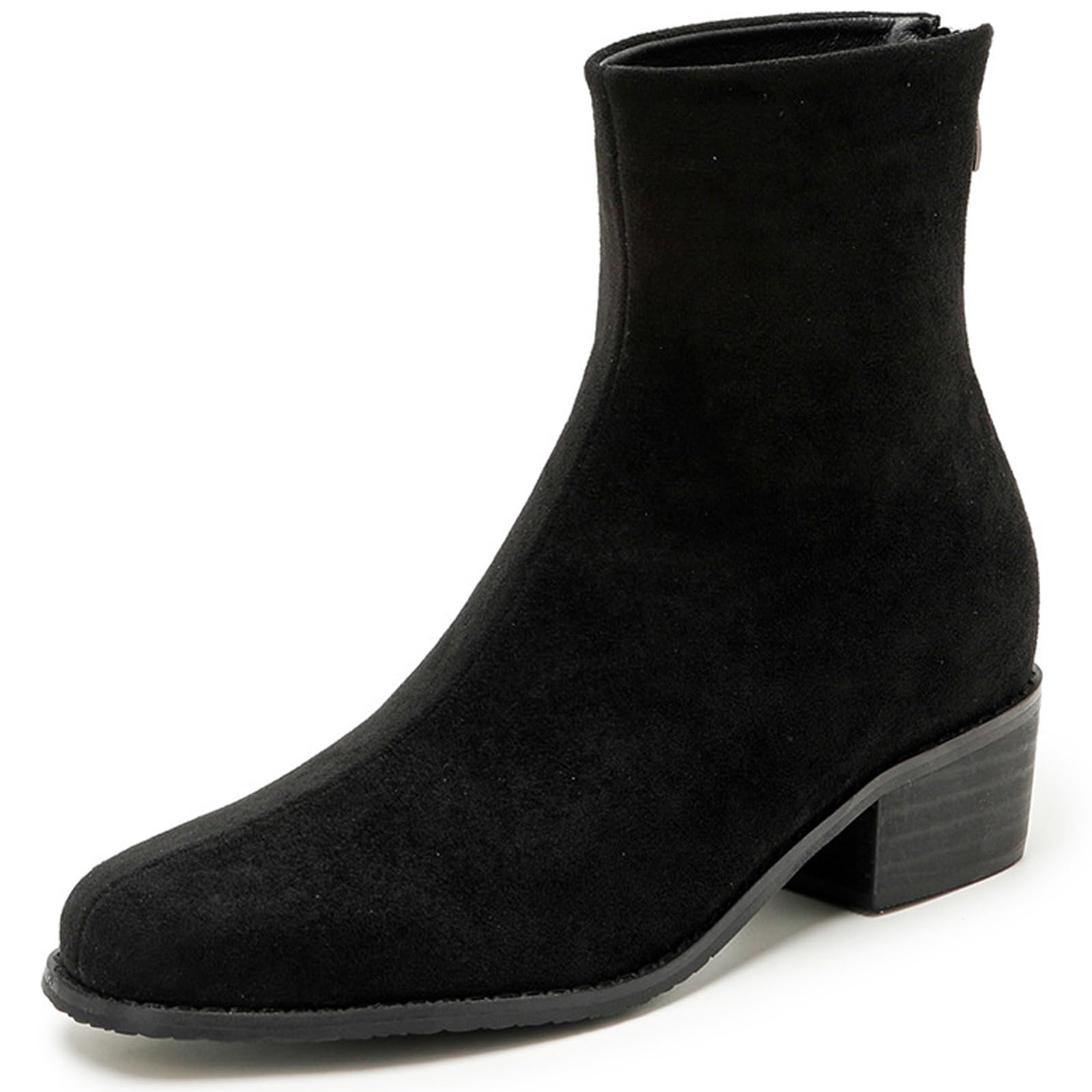 Womens Suede Chunky Low Heeled Ankle Boots with Back Zipper Square Toe Block Heel Invisible Height Increase Insoles