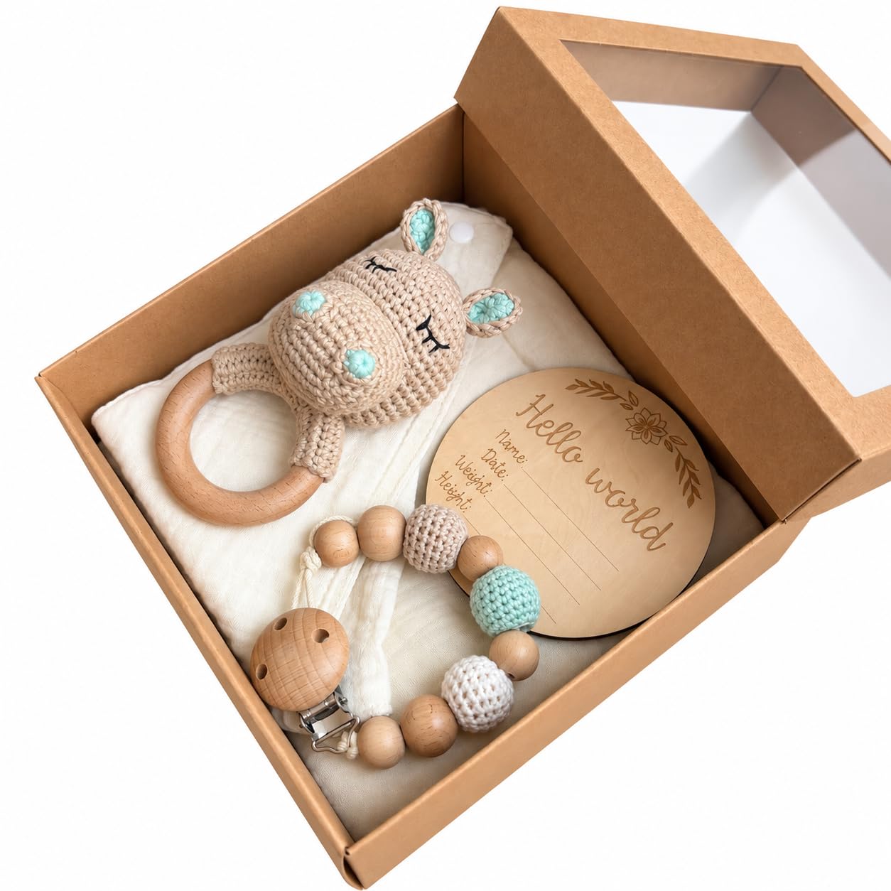 Personalisierbares 5-teiliges Geschenkset zur Geburt, Rassel, Schnullerkette, Meilensteinkarte, Musselintuch, Musselinlätzchen (Nilpferd)