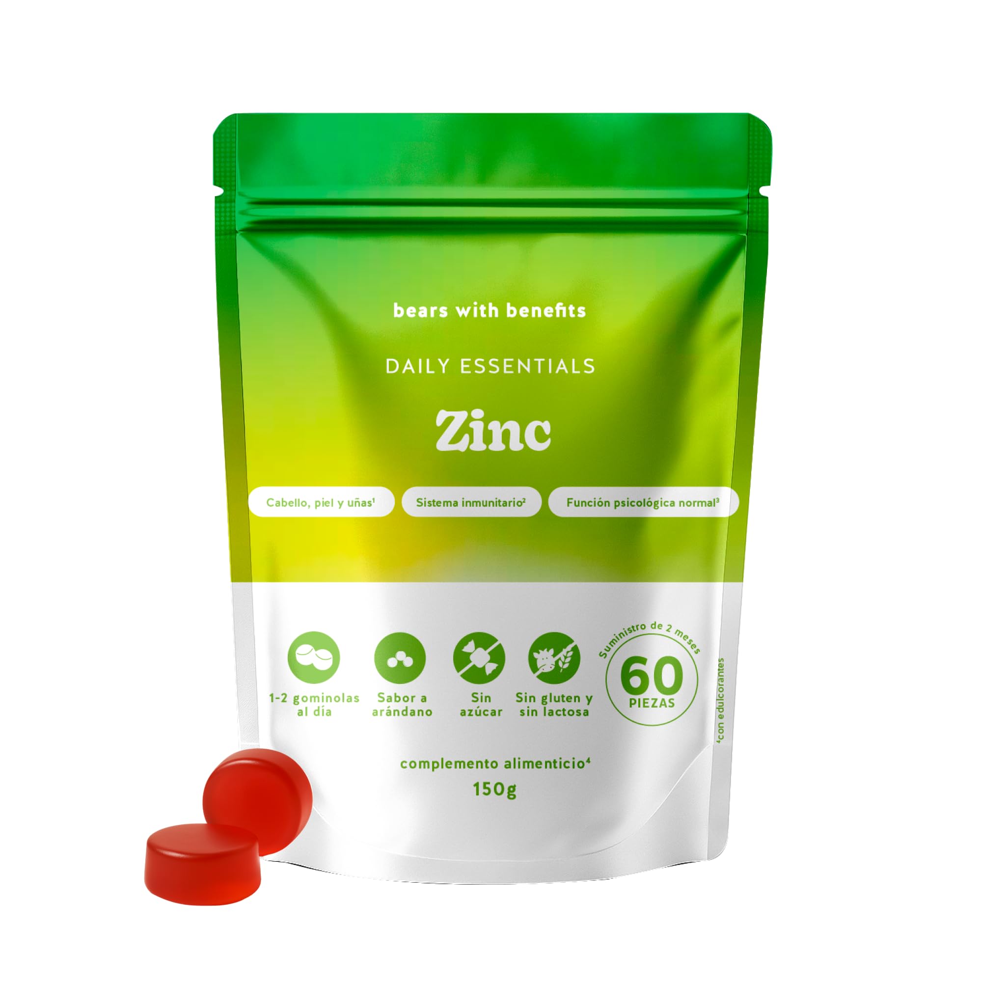 Bears with Benefits - Gominolas Zinc - Pelo & Uñas - 60 unidades | Zinc 25 mg - Zinc - Cura de 2 meses - Sin Azúcar, Vegano
