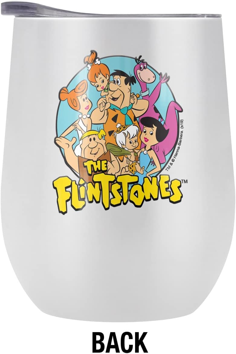 Flintstones OFFICIAL Group 12 OZ Stemless Wine Tumbler, Stainless Steel Travel Cup|Lake Tumbler|Insulated with Leak Resistant Slide-Lock Lid, White