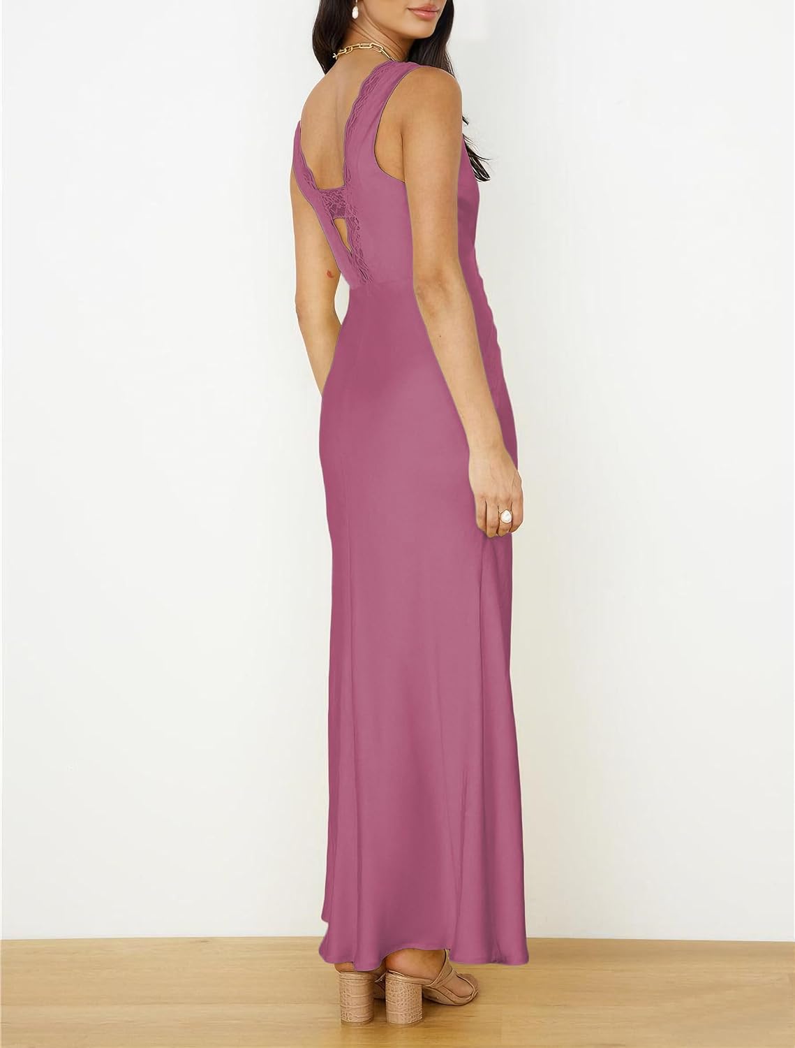 BAGONE Summer Satin Lace V Neck Backless Wedding Guest Maxi Dresses for Women 2025 Elegant Sleeveless Open Back Cocktail Long Dress Plum