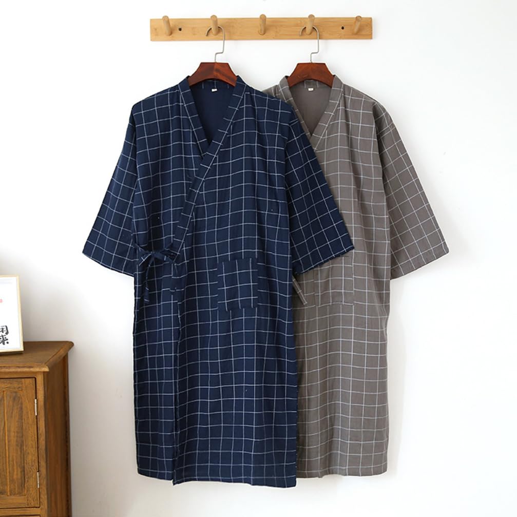 Hombres Algodón Kimono Robe SPA Albornoz Mediados de Longitud Plaid Sleepwear Kimono japonés para Hombres