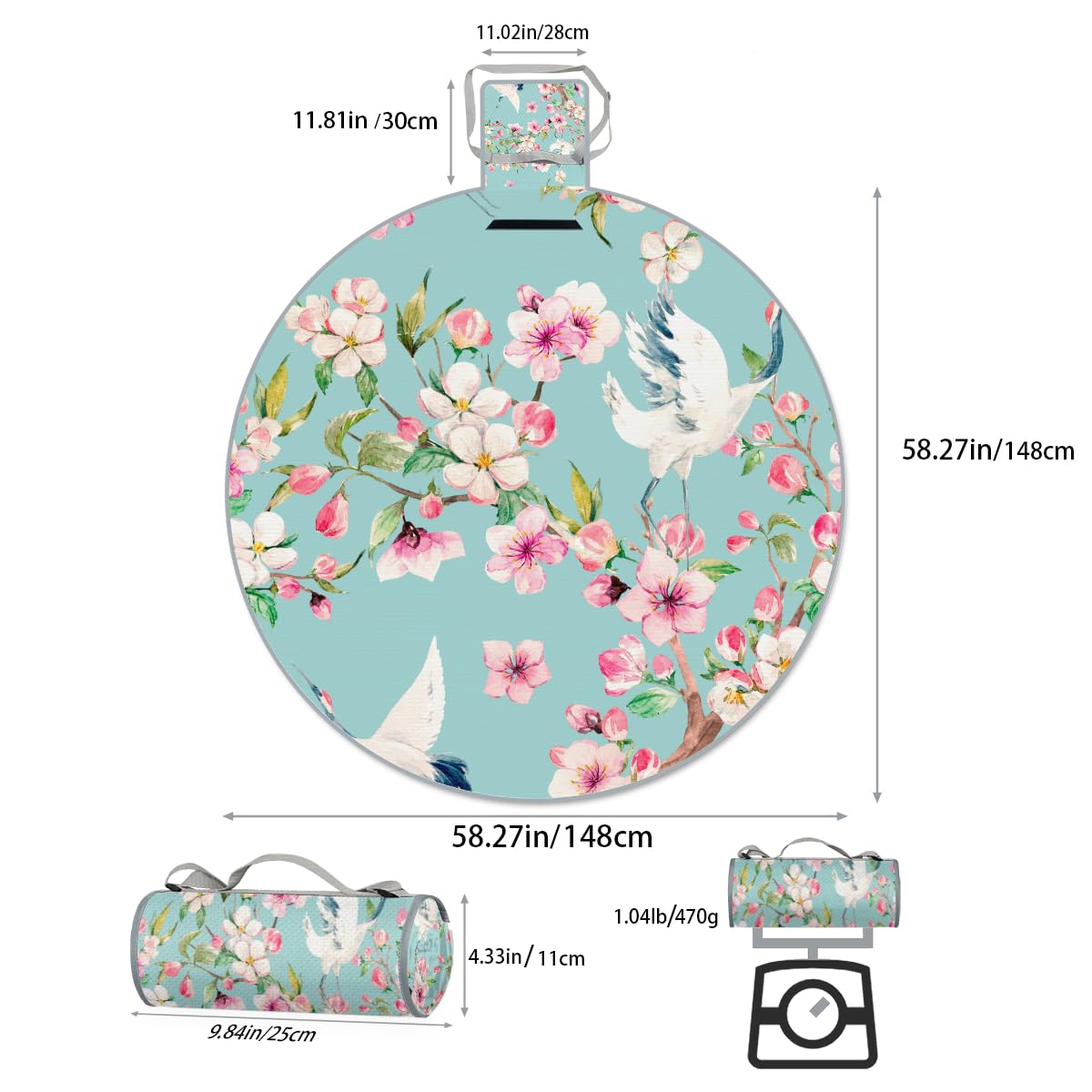 Shimoshe Cherry Blossom Branch Crane Picnic Outdoor Blanket Foldable Waterproof Sandproof Beach Blanket Portable Water-Resistant Round Picnic Mat for Travel Camping Park Lawn