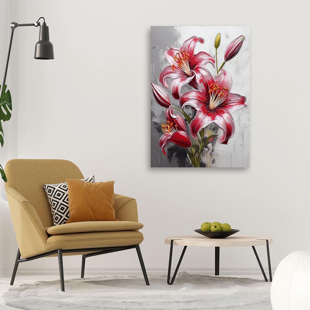 Feeby Bild auf Leinwand - Wandbilder Wohnzimmer Aesthetic - Rot Gemalte Lilien - 60x90 1tlg - Schlafzimmer Wandekoration - Bilder Zimmer - Living Room - Deko Wandbilder - Moderne Bild