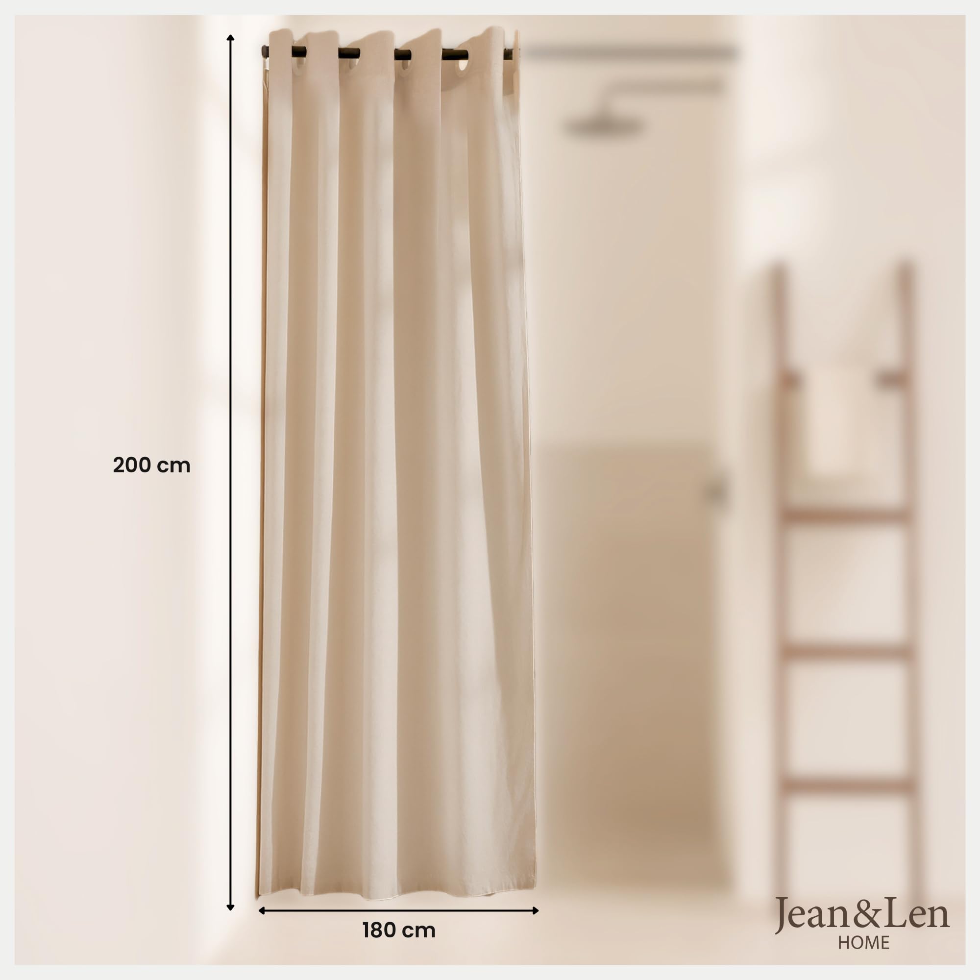 Jean & Len tenda da doccia beige, 100% poliestere, raffinato effetto lino, lavabile in lavatrice, con sistema di sospensione integrato, idrorepellente, 180 x 200 cm