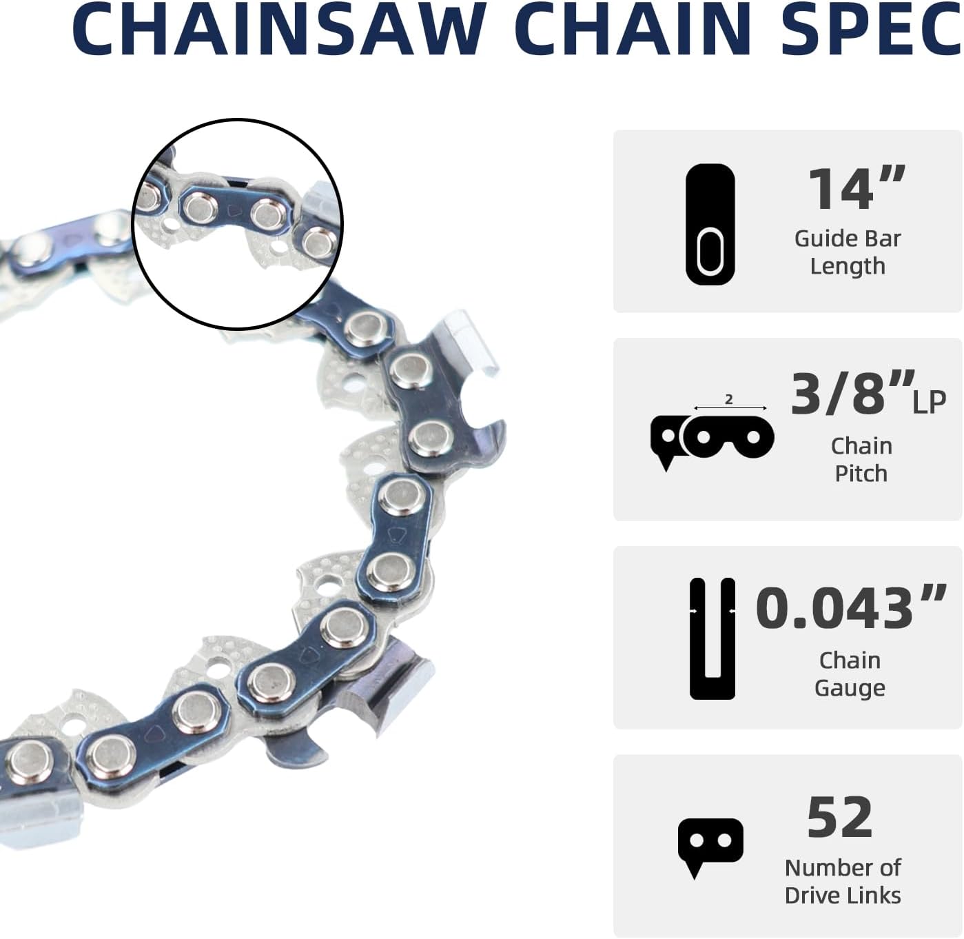14 Inch Chainsaw Chain for Ego Greenworks Echo Husqvarna Makita Ryobi Worx Poulan Kobalt 3 Pack 14" 3/8" LP .043" 52 Drive Links Chainsaw Blade Replacement,Low Kickback German Steel Chain Saw Chains