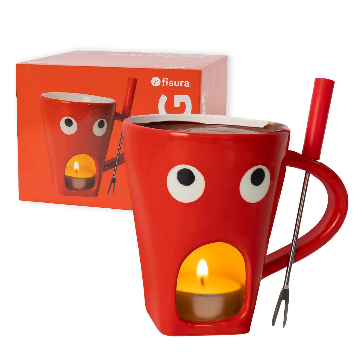 Fisura – Taza fondue chocolate original. Fondue de queso con taza y tenedor. Taza roja con estampado de ojos para fondue. Taza original para regalo. 140 mililitros