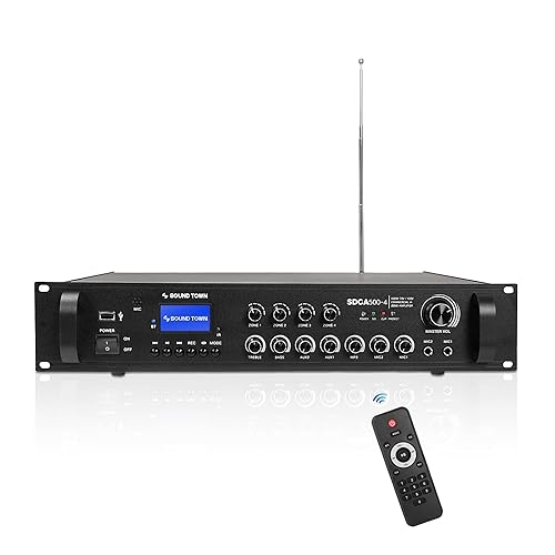 Sound Town Amplificador de potencia comercial compacto de 500 W Clase D de 4 zonas 70V100V con Bluetooth, aluminio, para restaurantes, salones,