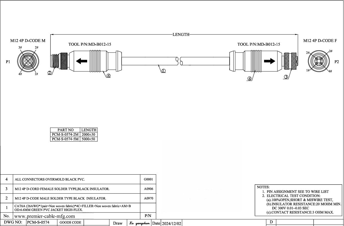 Cavo M12 a codice D a 4 poli, maschio a femmina, cavo CAT6A per switch Ethernet industriali, IP67, cavo Gigabit altamente flessibile, compatibile con telecamere industriali Cognex Keyence (2 m/6,6