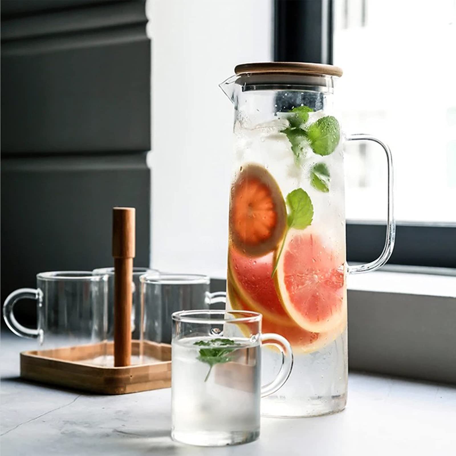 Jarra de Agua Transparente para Nevera, Jarra de Vidrio Grueso con Tapa de bambú, Ideal para Zumo, café, Limonada y té Helado.