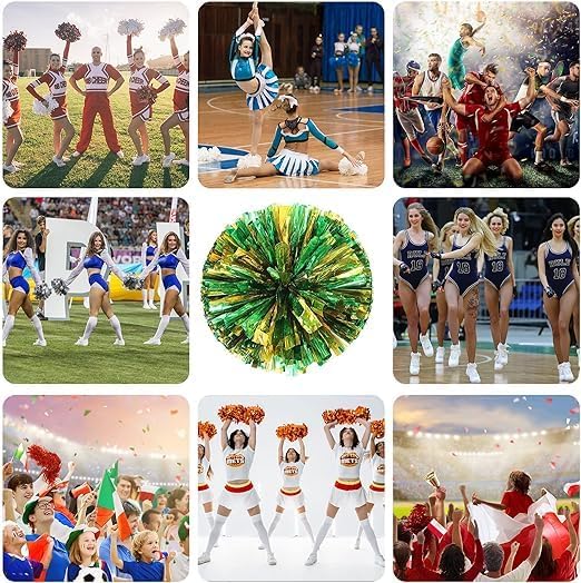 12 PCS Cheerleading Pom Poms, 30cm Cheerleader Pompoms with Baton Handle Cheering Squad Pompoms for School Dance Sports Team Spirit Cheering (Green+Gold)