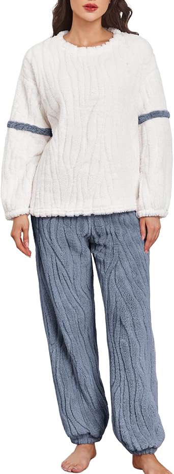 Womens Fleece Pajamas Set Flannel Winter Warm Fuzzy Sherpa Pjs Long Sleeve Cozy Sleepwear for Women