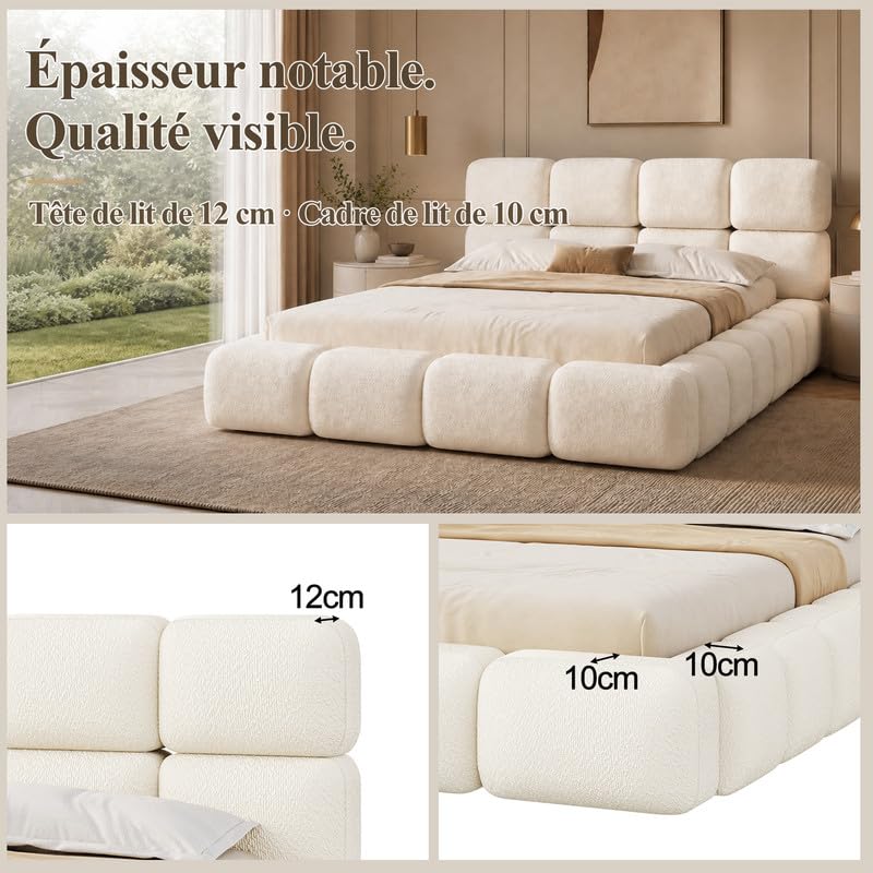 Zepneiy Lit 180x200 en rondeur avec Sommier à Lattes, Lit Nuage avec Une tête de lit rembourrée 12 cm d'épaisseurr, Bouclé Blanc(sans Matelas)