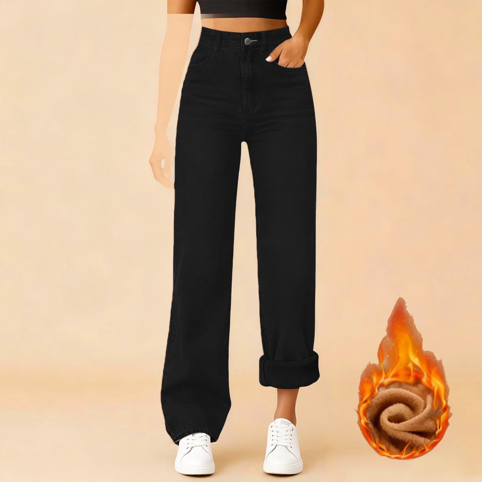 Generisch Jeans invernali termici da donna, imbottiti, baggy stretch a vita alta, pantaloni lunghi per il tempo libero, pantaloni in tessuto casual, comodi da jogging, autunno, pantaloni sportivi in