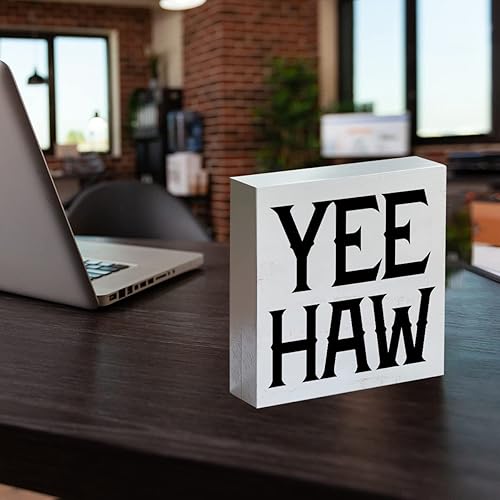 Miniatura 5 de Letrero de madera con texto en inglés "Farmhouse Yee Haw", diseño de vaquero occidental, bloque de madera, letrero decorativo para escritorio,