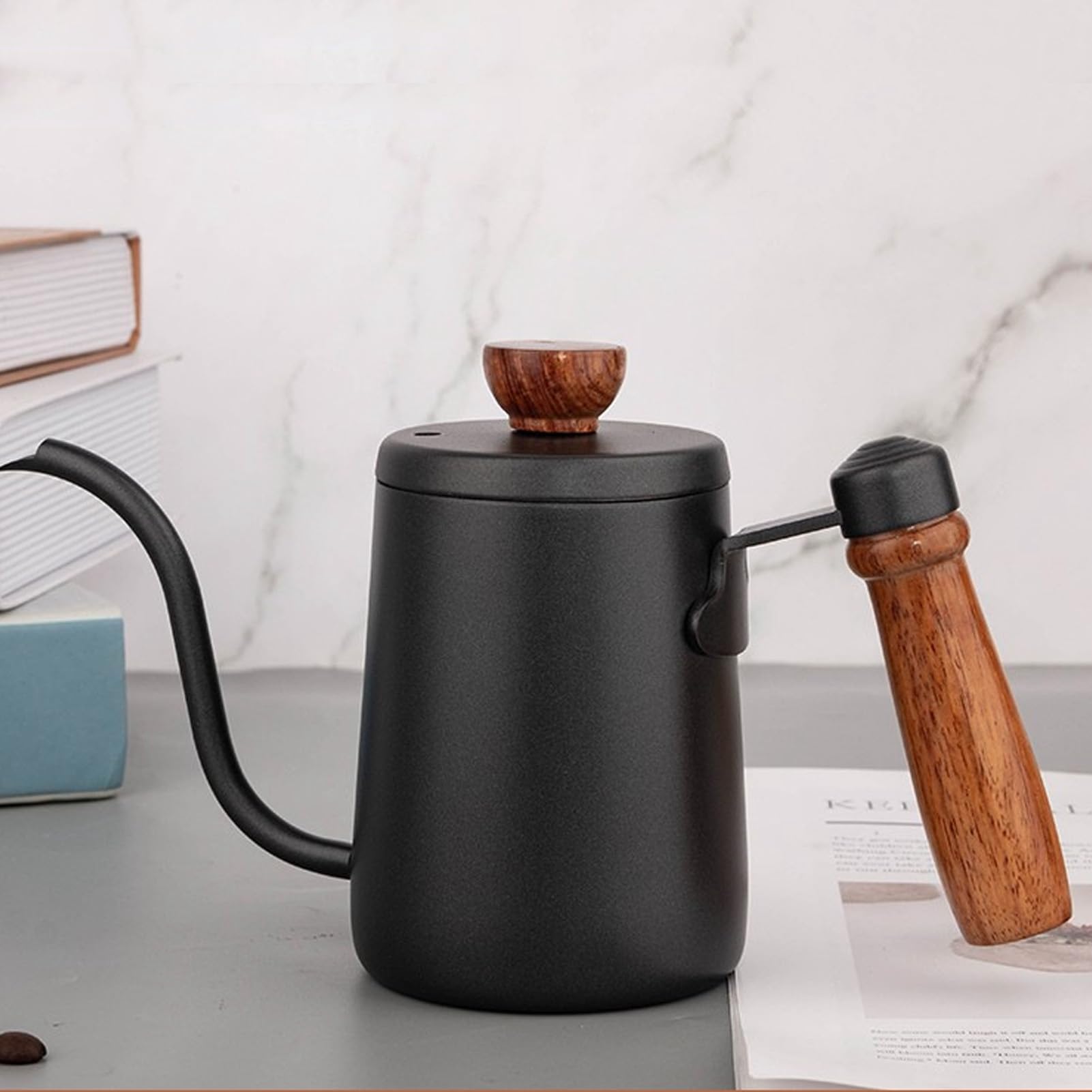 Zoeyilan Gooseneck Kettle, Pour Over Kettle, Stainless Steel Water Kettle with Narrow Long Spout and Wood Handle, Mini Drip Coffee Maker for Camping Travel Outdoor Kitchen Black