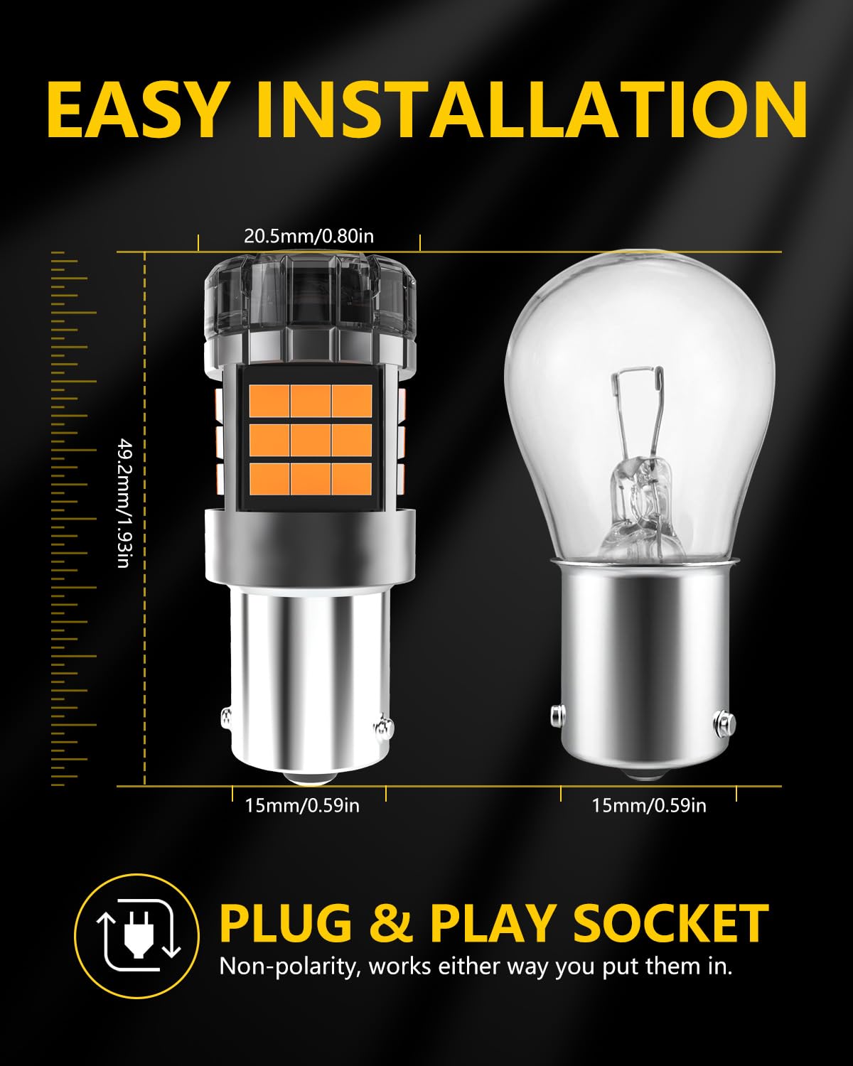 PY21W BAU15S Ampoules LED Canbus Sans Erreur Super Lumineuses 5000LM 12V 24V Jaune Ambré 7507 1056 5009 pour Voiture Feu de Recul Feu Arrière Feu de Freinage Clignotant, 2 Pièces