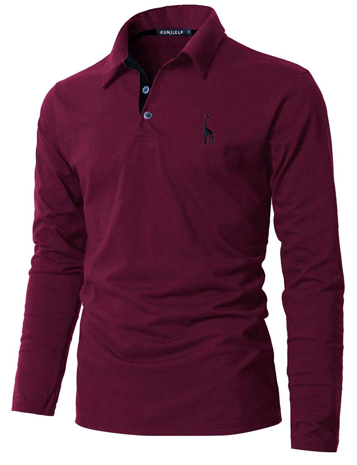 KUNJLELP 100% Cotone Polo da Uomo Manica Lunga Ricamo di Giraffa Maglietta Uniformi Polo da Lavoro per l'autunno e l'inverno