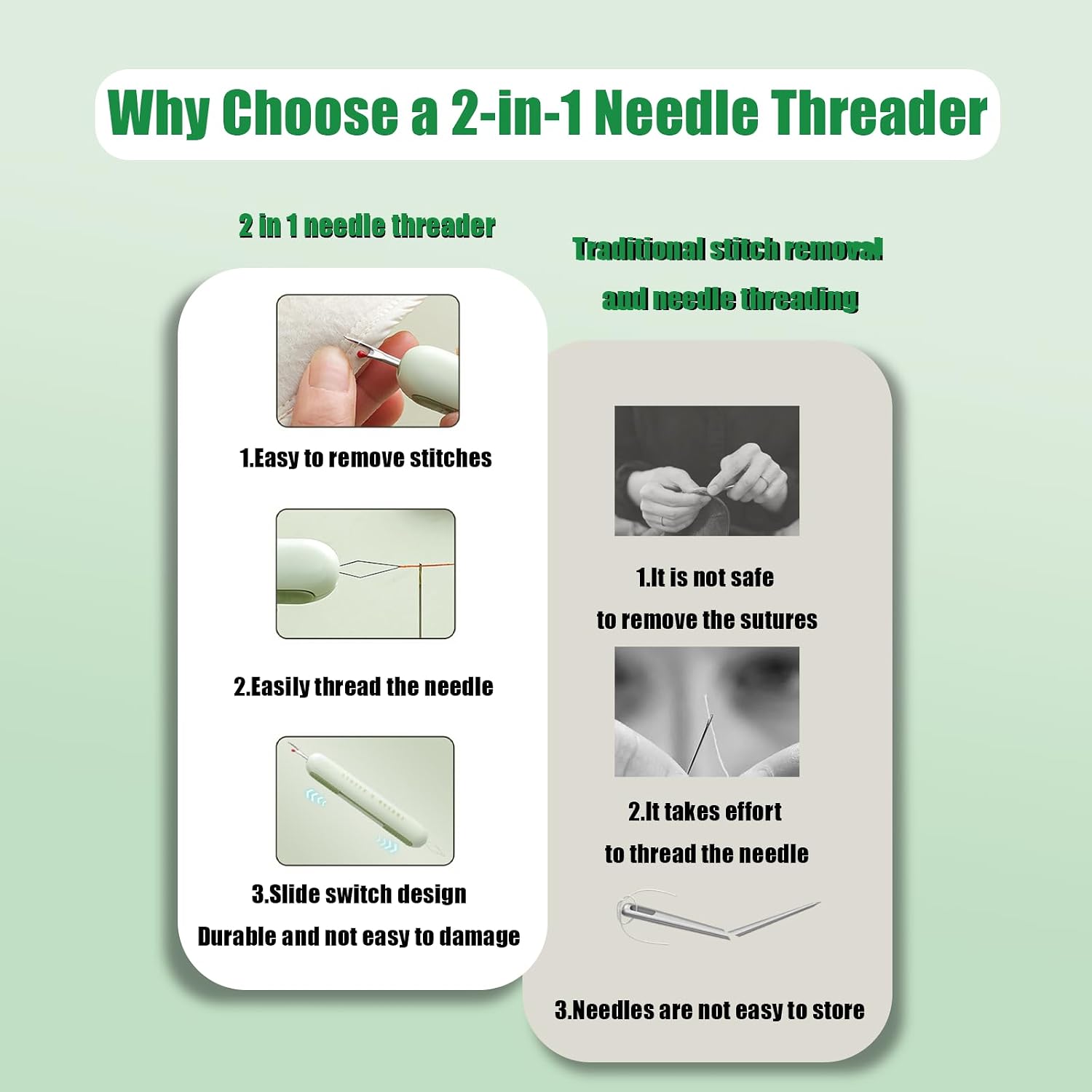 2-in-1 Sewing Needle Threader & Seam Ripper， Versatile Tools for Sewing, Quilting, Embroidery & Crafts - Easy Thread Removal & Threading for Sewing Enthusiasts and Elderly (Green)