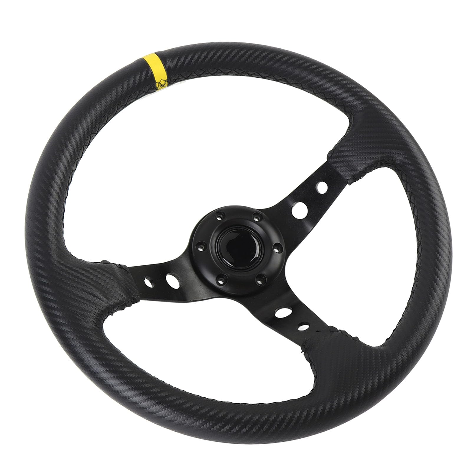 Volante da da 14 pollici, volante sportivo universale a profilo profondo con pulsante per clacson, telaio in alluminio con aspetto in fibra di carbonio rivestito in pelle PU (Gialla)