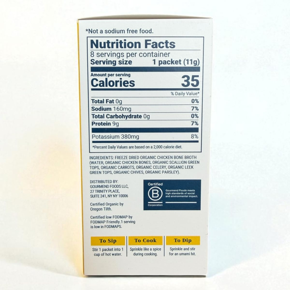 Gourmend Organic Instant Freeze Dried Chicken Bone Broth Powder – Just 7 Ingredients, Low FODMAP Certified, Filler Free, Gluten Free, Non-GMO, Onion & Garlic Bulb Free | 9g Protein | 8 Single Serve Packets
