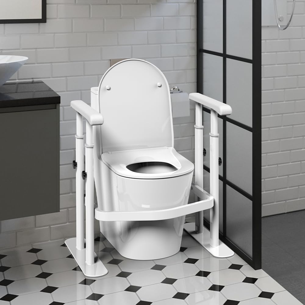 Maniglione WC Regolabile Omnidirezionale - Supporto Sicurezza Fisso con Braccioli，Telaio in Alluminio da Terra per Anziani & Disabili (L)