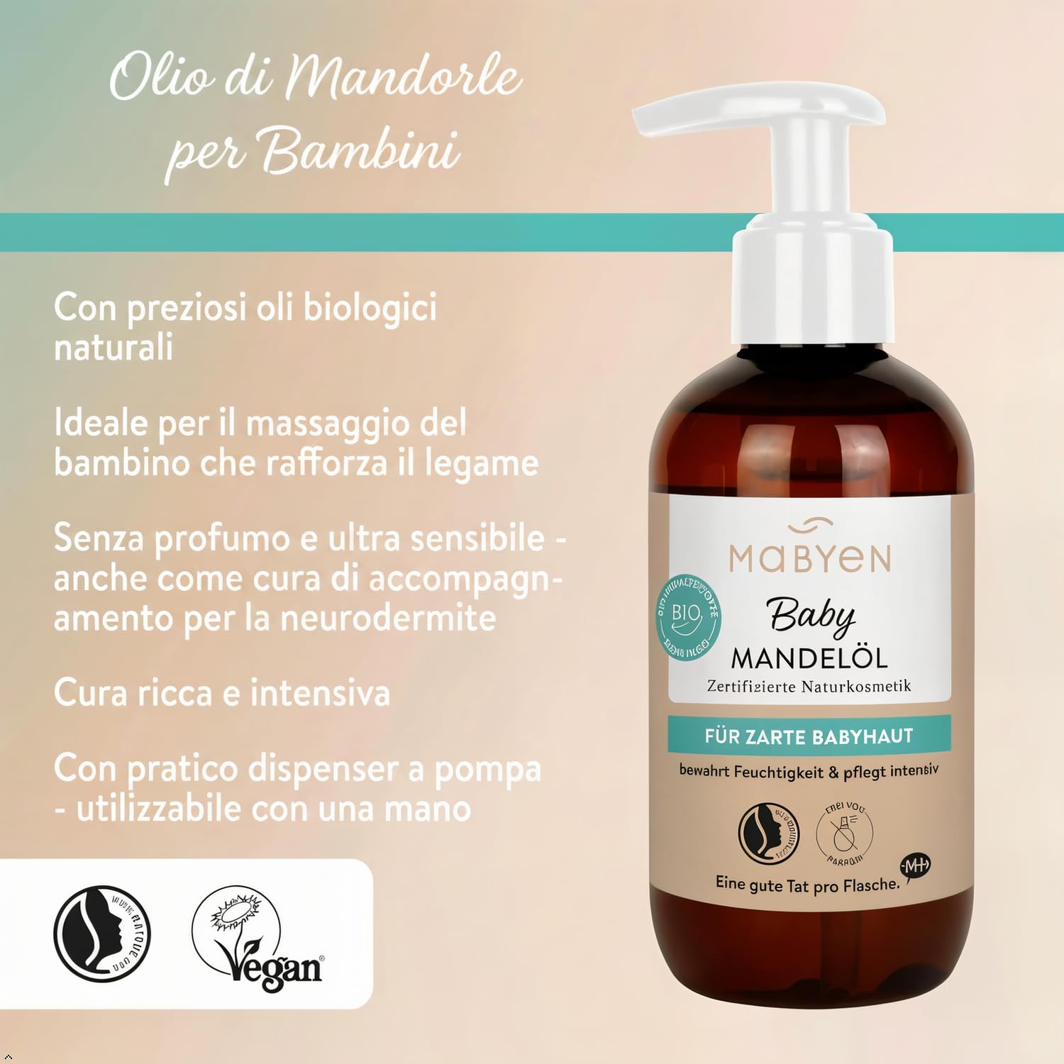 MABYEN Olio di Mandorle Bio per Bambini 200 ml – Vegano, Senza Profumo, Cosmesi Naturale – Per la cura del neonato e come olio da massaggio – Con pratico dosatore