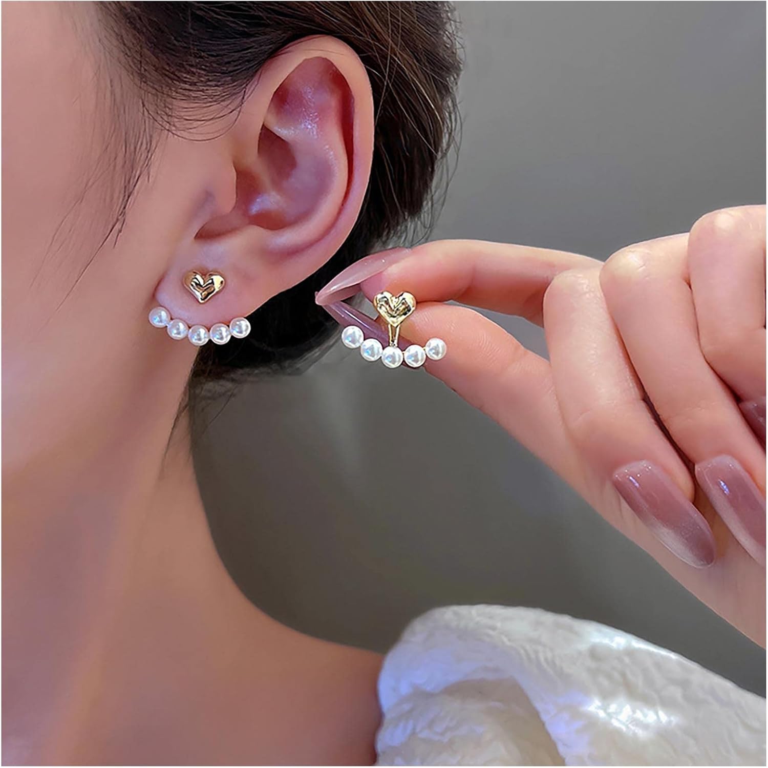 Boho Pearl Ear Jacket Earrings Gold Heart Studs Earrings Love Heart Earrings Retro Double Sided Studs Earrings Jewelry for Women - Image 5