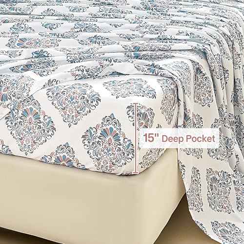 Image of lasoftan Floral King Comforter Set with Sheets, 7 piece Luxury Vintage Bedding, Soft Microfiber Bed in a Bag, Cozy Lightweight Bed Set, Damask Boho Flower