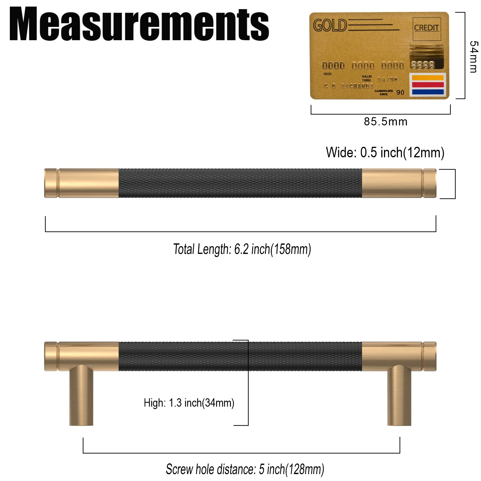 Amerdeco 10 Stück Mattes Schwarz-Gold Schrankgriffe 128mm Lochabstand, Aluminium Griffe für Küchenschränke & Möbelgriffe für Schubladen