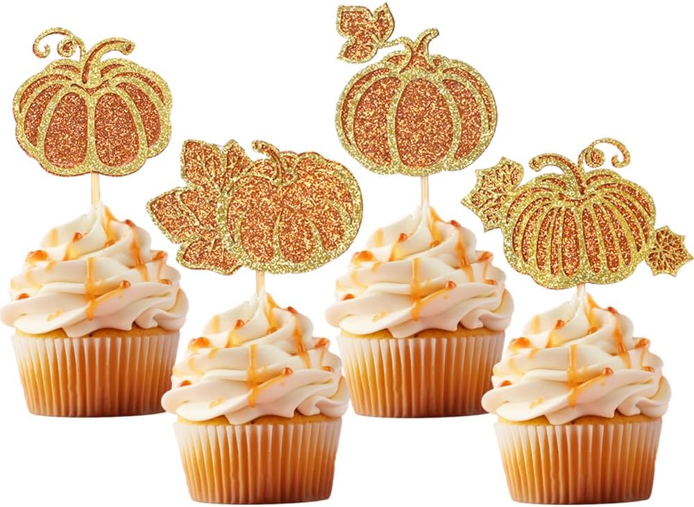 Wolpark Glitter 24Pcs Pumpkin Cupcake Toppers Fall Theme