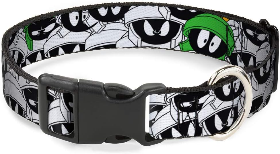Dog Collar Plastic Clip Marvin The Martian Expressions Stacked White Black Green Gold 13 to 18 Inches 1.5 Inch Wide