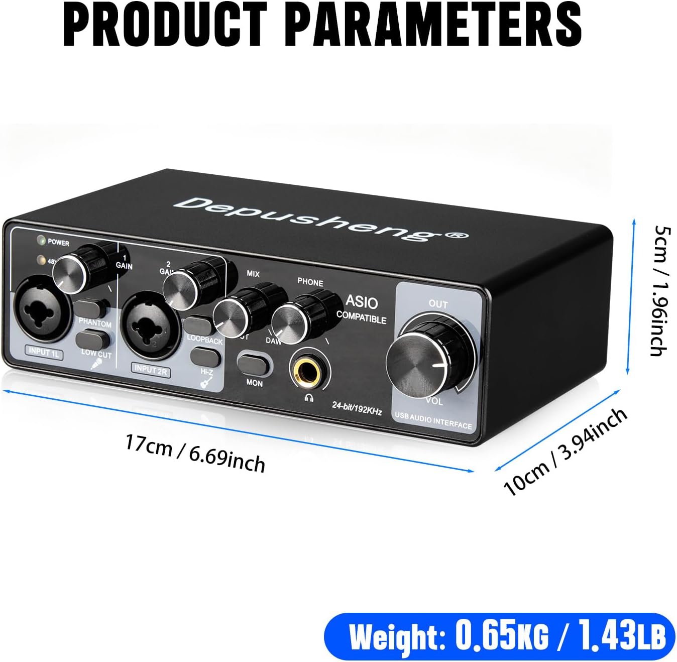 Depusheng USB Audio Interface with ASIO Drivers, 24Bit 192Khz, Phantom Power +48v, Low Latency for Home Studio Recording, PC/MAC Compatible (2 CHANNEL)