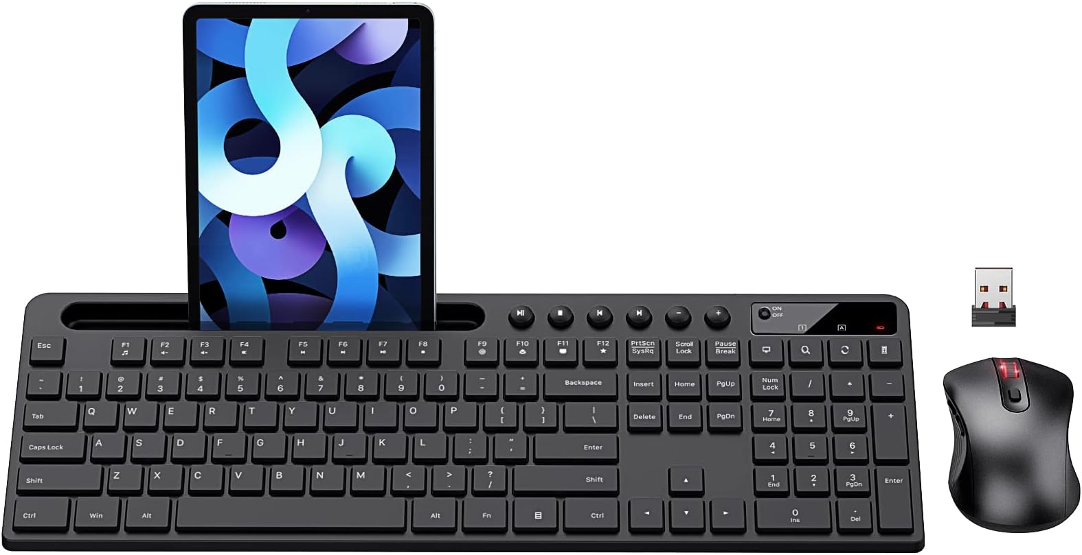 MARVO Wireless Keyboard and Mouse Combo, 2.4G Ergonomic Wireless Computer Keyboard with Phone Tablet Holder, Silent Mouse with 6 Button, Compatible with MacBook, Windows (Black)