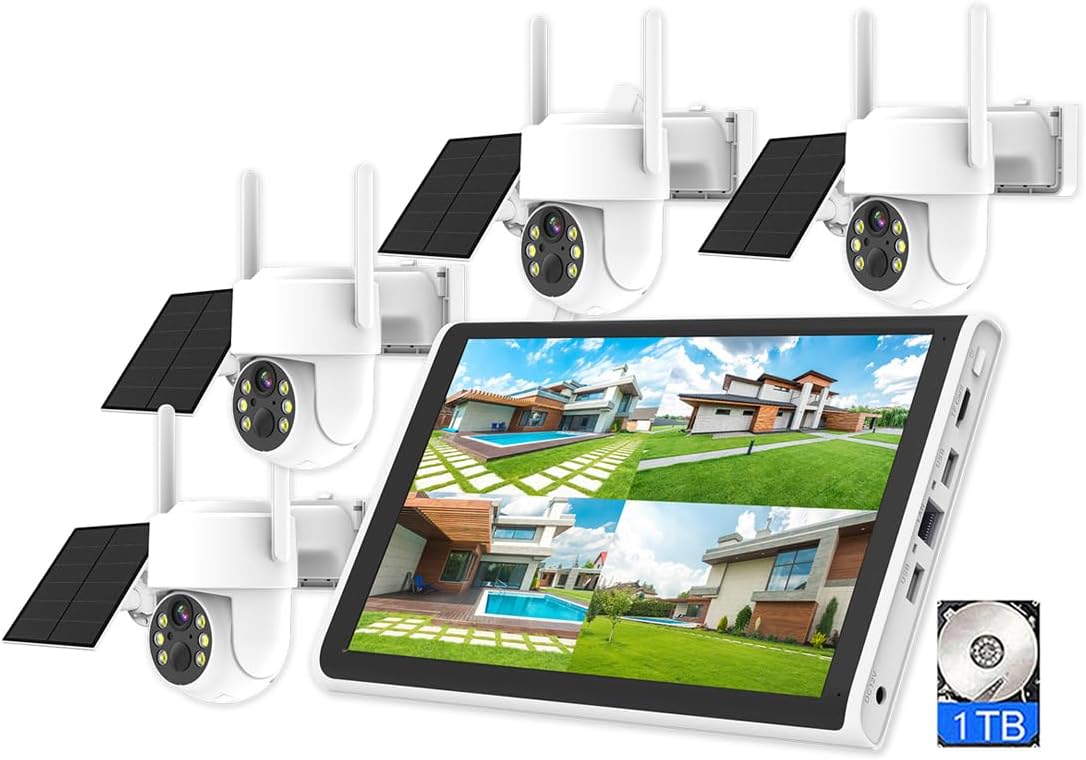 AKAVIG Outdoor Solar Power 4MP Security Camera System (LCD Monitor NVR, 4 Cameras, 1T Hard Disk) Wireless WiFi Home Surveillance Cameras Kit with Two-Way Audio, Motion Detection