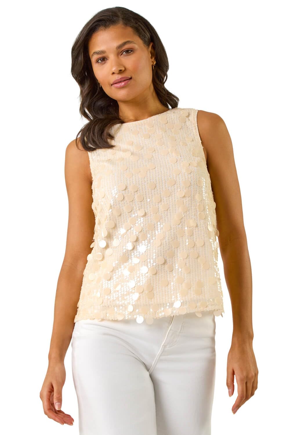 Roman Originals Women's Natural Circle Sequin Sleeveless Top For Uk - Everyday Holiday Spring Summer Round Neckline Comfy Soft Evening Vacation Work Party - Size 22