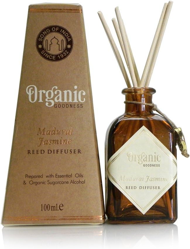 Song of India 100 ml. Madurai Jasmine/Mogra Organic Goodness Reed Diffuser in Amber Coloured Glass Jar with 6 Sticks for Home Fragrance