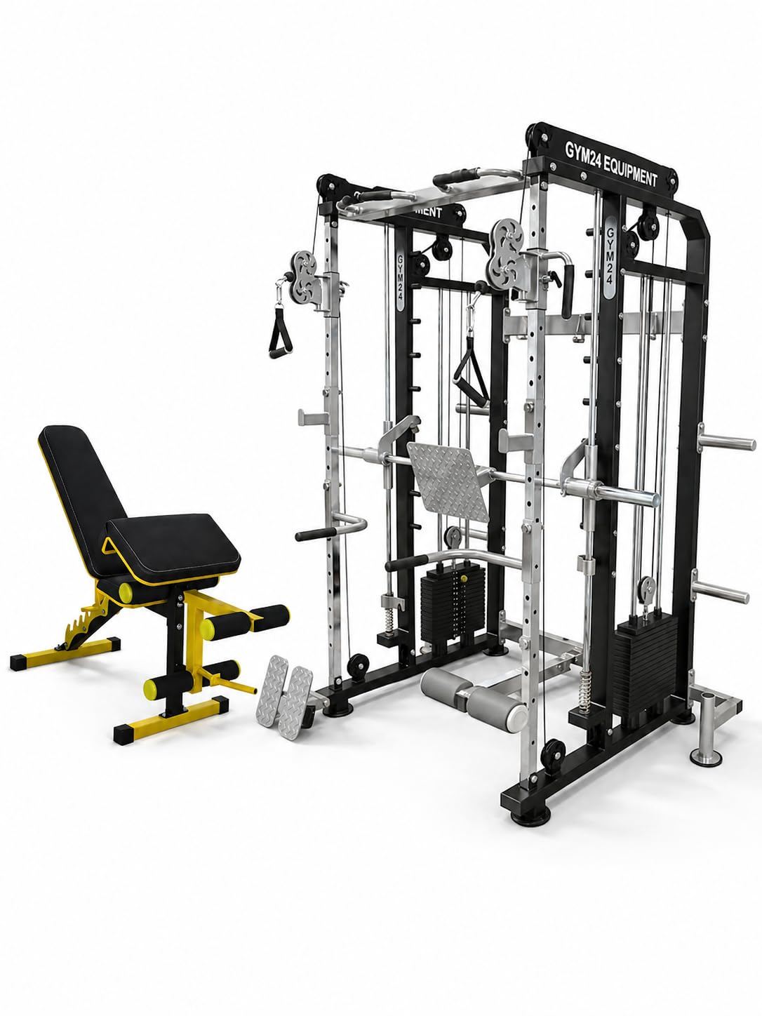 gym24 equipments multi gym functional trainer with smith machine with iron weight stack 80 kg both side for home gym equipment (grey black) with 6n1 bench