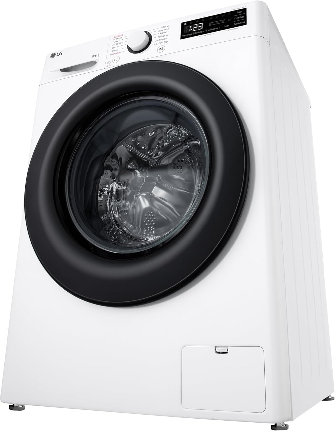 LG AI DD D4R3009NSWB Lavasciuga 9 / 6kg Serie R3 Classe A-10%/D, Lavatrice e Asciugatrice Insieme, 1400 giri, Lavaggio a Vapore, Eco Hybrid, Allergy Care, Motore Inverter Direct Drive, Bianca