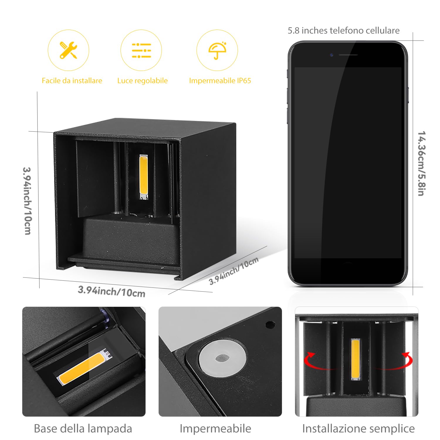 CHENBEN Applique Esterno Impermeabile,Applique Da Parete Esterno Luce Calda,Luci Esterne Da Parete 12W Bassa Energia,Giardino, Patio, Vano Scale, Bagno, Camera Da Letto, Balcone, Cucina (4 Pezzi)