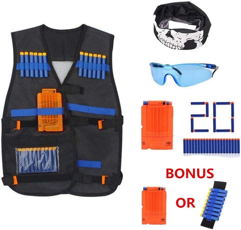 KINGSOO Tactical Vest Kit for Nerf N-Strike Elite Series Tactical Gear Include Vests Glasses Scarves Clips Bullets (Set1)