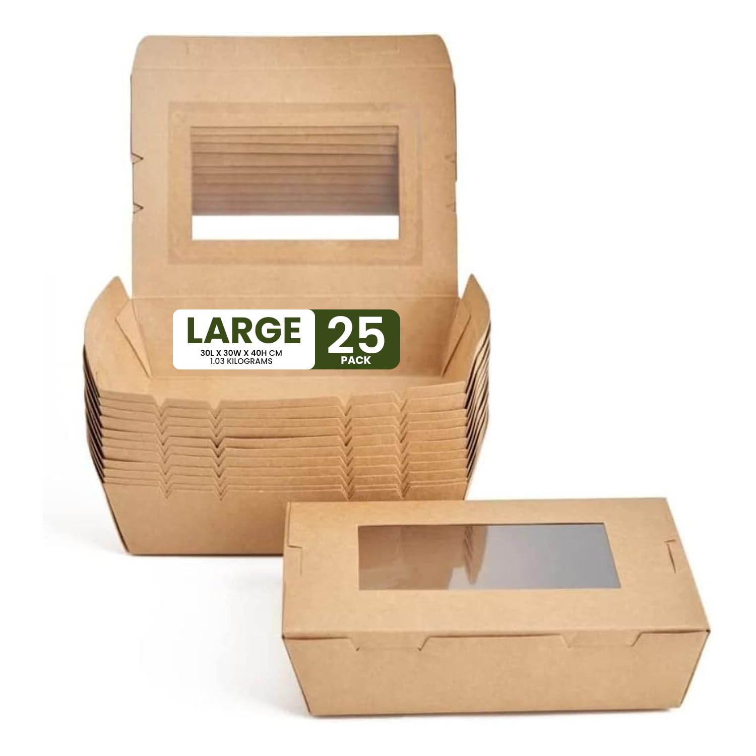ecoway Large Kraft Lunch Box With Window Food Container Made With Craft Paper For Meals & Dessert, Take Away Container, Disposable, Eco-friendly, Compostable, Paperbox Restaurants - Pack Of 25, Brown