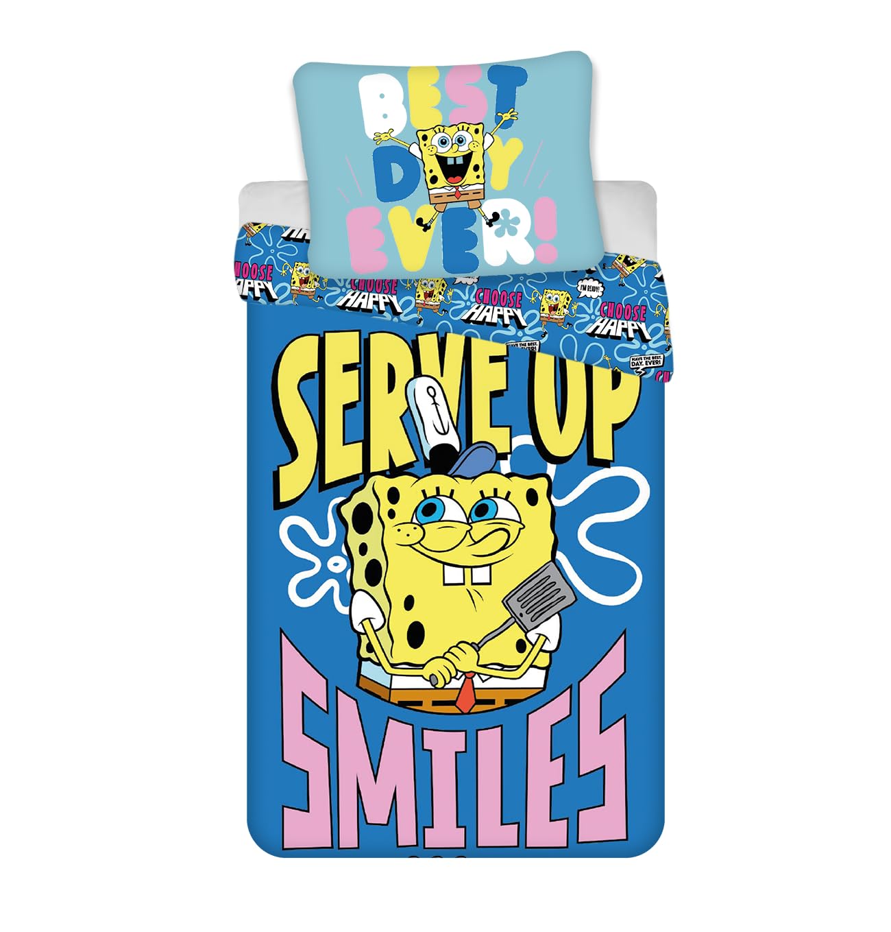 Set di Biancheria da Letto SpongeBob SquarePants 100% Cotone | Copripiumino per Letto Singolo per Bambini 140x200 cm + Federa 60x65 cm | Stampa Cartone Animato "Serve Up Smiles" | Morbido e