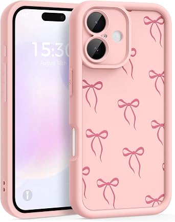 Case for iPhone 16, Pretty Pattern Design for Girls Women Silicone Cover, Soft TPU Material, Thicker Frame Shockproof Protective Girly Case for iPhone 16 Pink Bow