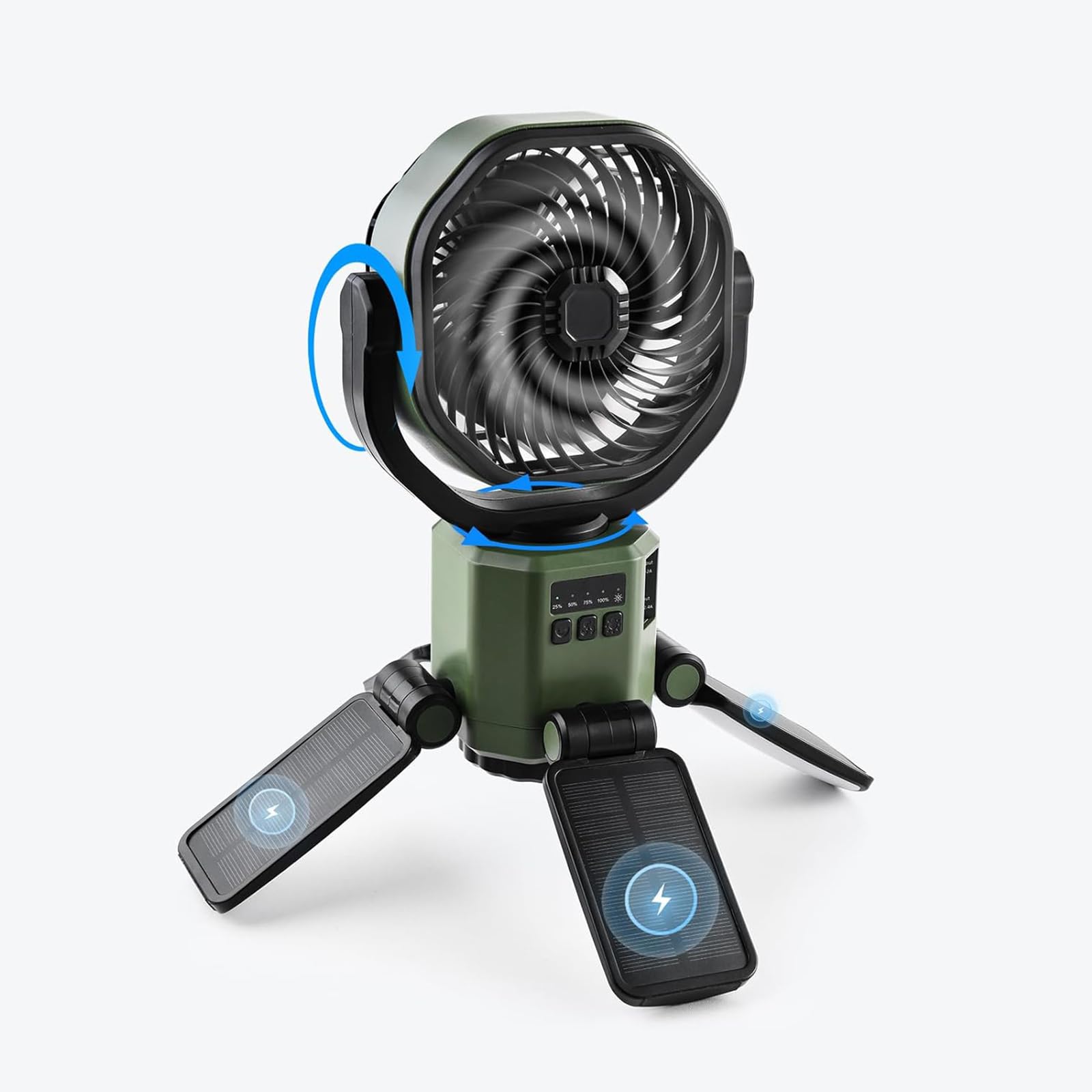 zenggp Rechargeable Fan, Portable Solar Hanging Fan With Light, For Camping Travel Tent, 6000mAh Battery|3-Way Lighting|4 Speeds, Quiet Oscillating Fan, With 4 Light Panals And Hooks(Green)