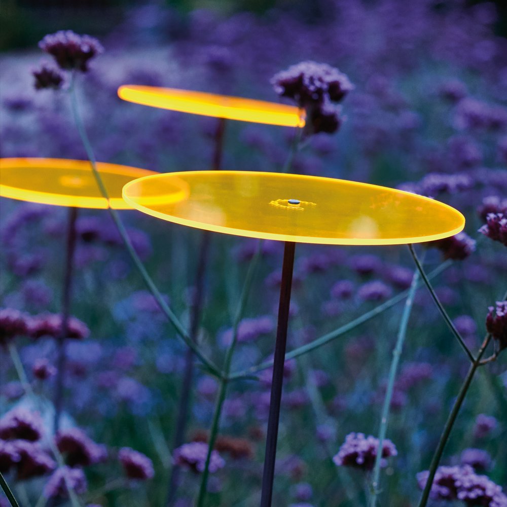 Cazador-del-sol ® - das Original | Medio - tres | 3 Stück | Sonnenfänger-Scheiben gelb | Durchmesser 15 cm | Höhe 120 cm