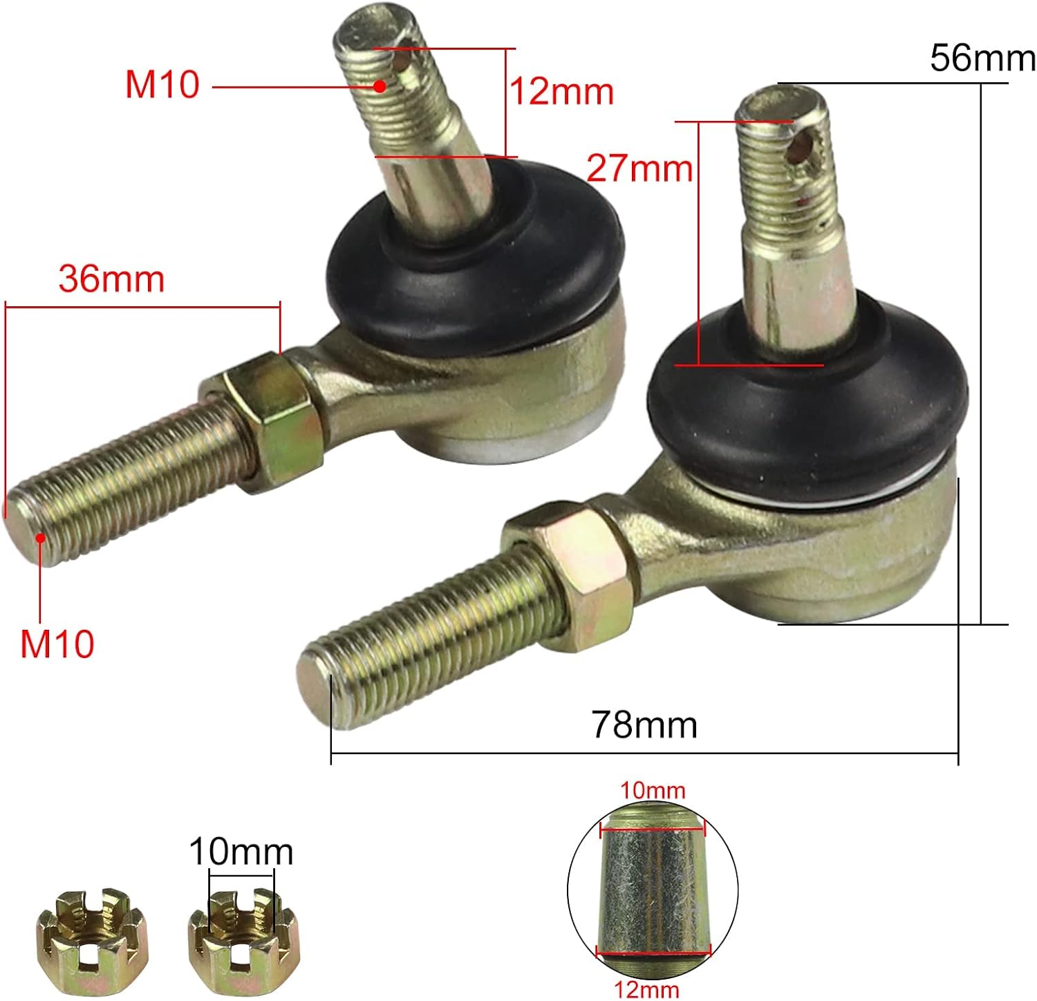 FLYPIG M10 Thread Left & Right Hand Tie Rod Ends Ball Joint 10-10mm for Yamaha Raptor 250 YFM-250 2008-2013 YFM660 YFM550 YFM700 YFM125 YFZ350 for ATV 150cc 250cc Dirt Bike Go Kart Moped Scooter