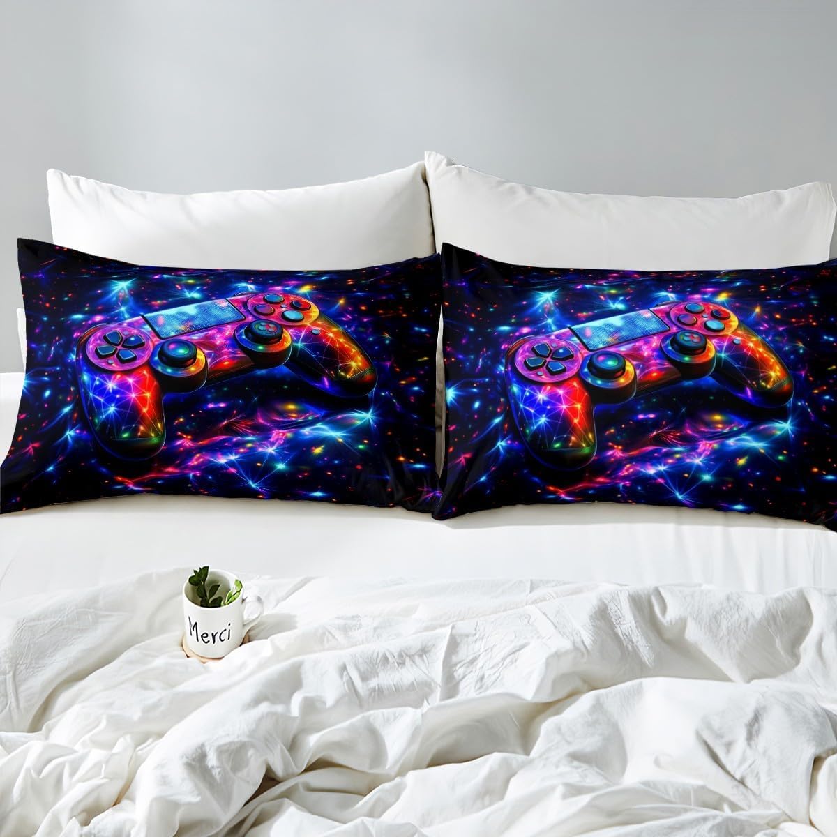 Loussiesd Kids Gamer Games Bedding Set Single Size Galaxy Gaming Glitter Game Quilt Cover Girls Boys Gamepad Teens Duvet Cover Set including 1 Pillowcase - Image 4